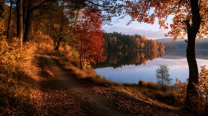 Fototapeta premium Autumn forest pathway winding along a serene lake with colorful foliage and calm water reflections