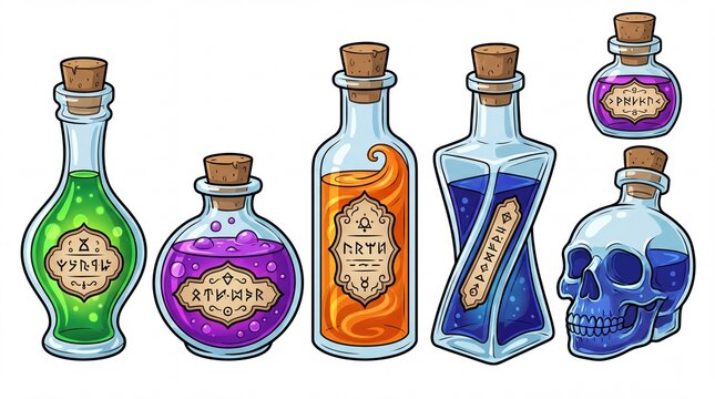 Magic potion bottles vector set containing icons for green poison purple elixir orange brew blue magic liquid crystal skull container and cork stoppers for fantasy games
