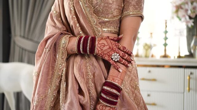 Indian bride wearing traditional henna and bangles in New Delhi