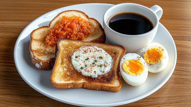Classic Breakfast Delight: A delicious and hearty breakfast featuring perfectly toasted bread with jam, an egg nestled in toast, and two hard-boiled eggs, accompanied by a steaming cup of coffee.