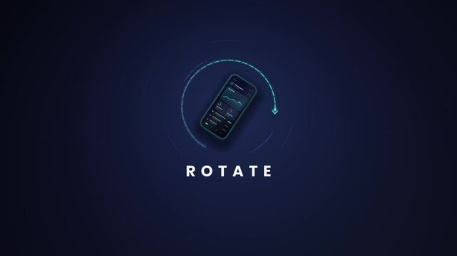 Rotate your phone animation with smartphone turning to landscape inside teal circular arrow and change to landscape text
