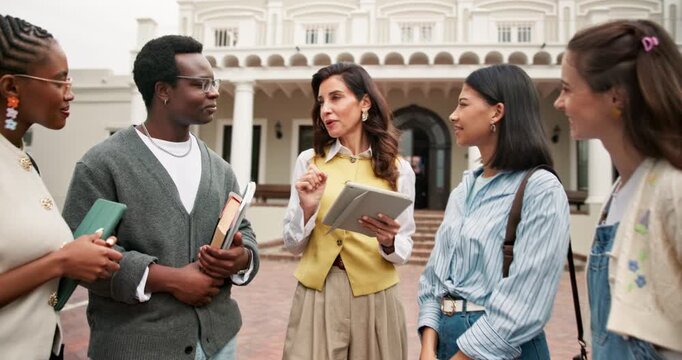 College students, knowledge or talk to lecturer outdoor, exam advice or internship opportunity. University, happy people or chat with professor for education, help or career path guidance with tablet