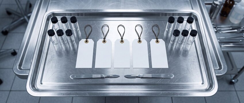 Empty specimen identification tags and small glass vials on stainless steel medical tray for forensic sample storage and case logging