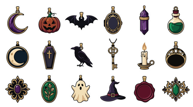 Gothic Halloween charms vector set, spooky occult jewelry pendants with witch hat, bat, pumpkin and ghost, dark magic amulet icons