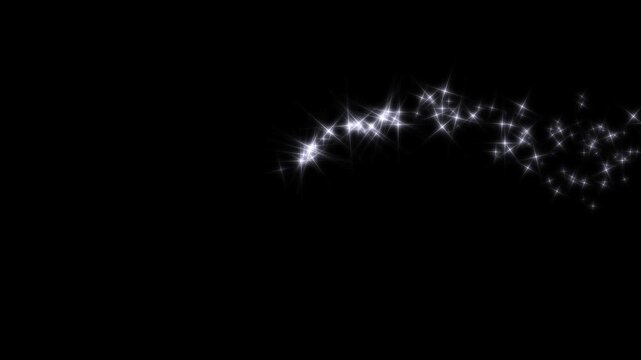 Twinkle glitter white cartoon doodle animation, magic sparkle glitter line stars, shining particles stars line magic dust, fairy dust wand glitter stars trail transition on black screen overlay. 4K