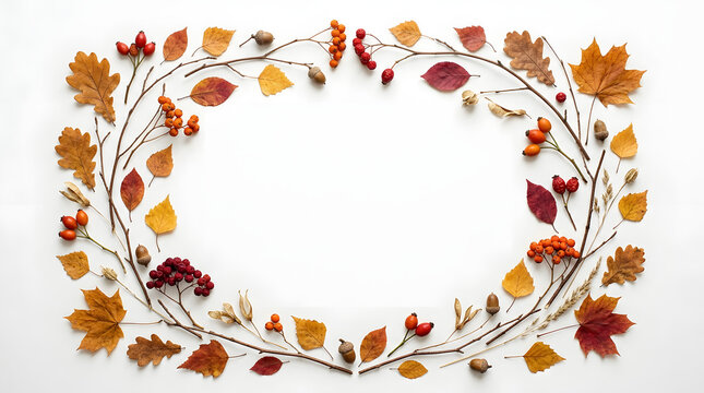 Autumn foliage arranged in an oval frame on a clean white background