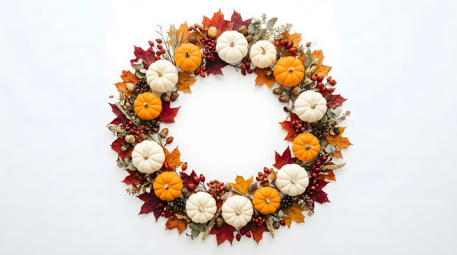 Autumn wreath featuring miniature pumpkins berries and colorful fall maple leaves on white