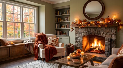 Obraz premium A cozy autumn living room scene with a glowing fireplace, pumpkin and candle mantel decorations, plush armchairs, knitted throws and a window view of colorful fall trees, evoking warmth and nostalgia.