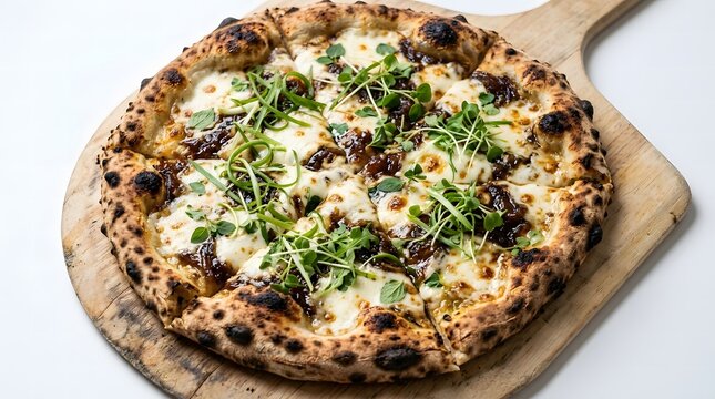 A wood-fired pizza topped with melted cheese, caramelized onions, fig jam, and fresh microgreens on a wooden peel.