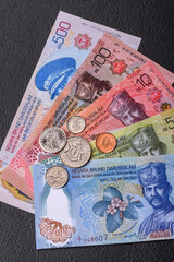 Brunei paper money, dollar banknotes and sen coins as currency for exchange or travel. Brunei money © chernikovatv