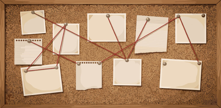 Notice board. Corkboard with notes. Office wood bulletin pinboard with paper stickers, frame, pinned memo sheets, message, post. Vector template background