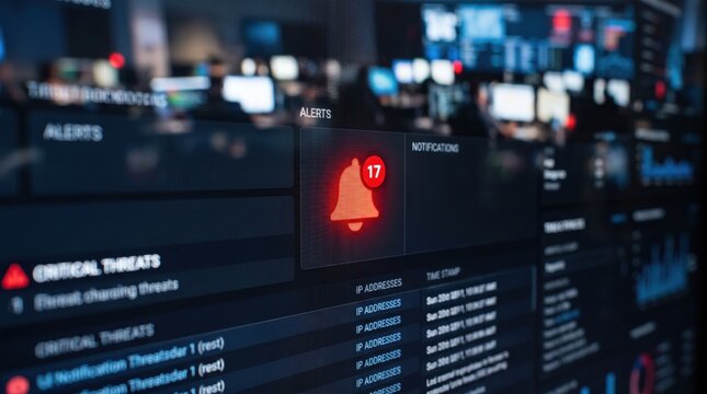 Security monitoring screen displays a prominent red warning bell notification indicating multiple critical threats within a busy control room.