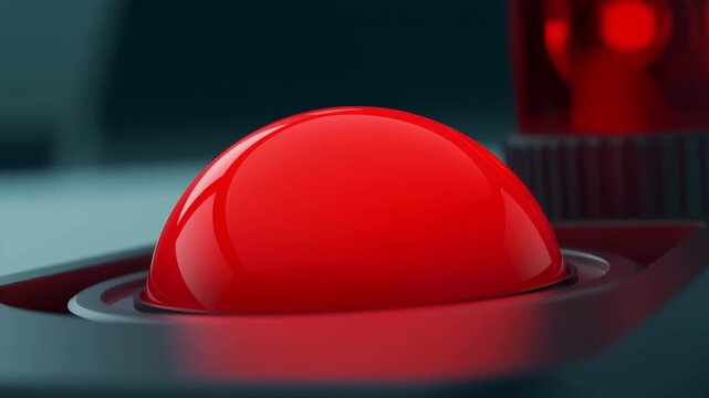Glossy red hemispherical dome fills more of frame as close-up gradually tightens, set into dark housing with reflective rim and softly glowing red indicator behind
