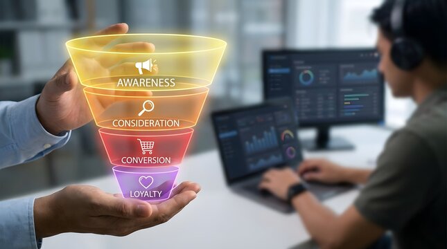 Digital marketing funnel stages held by hands, with a person analyzing data.