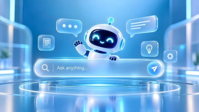 Friendly digital robot mascot presenting floating search bar and communication icons in blue virtual environment