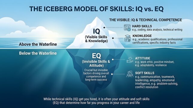 Iceberg model infographic illustrating IQ vs EQ skills and knowledge.