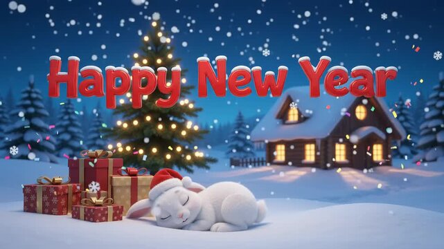 A 3D animation of a white rabbit sleeping in snow near a Christmas tree and gifts for a winter holiday greeting card video and a New Year celebration background.