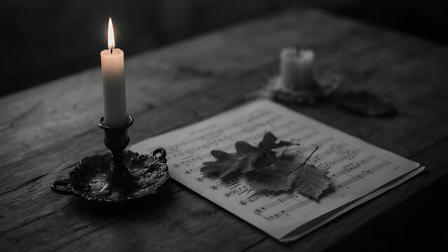 Lit candle and dry leaves on vintage sheet music