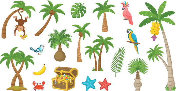Tropical island vector elements set with palm trees treasure chest monkey parrots banana fruits starfish and exotic leaves
