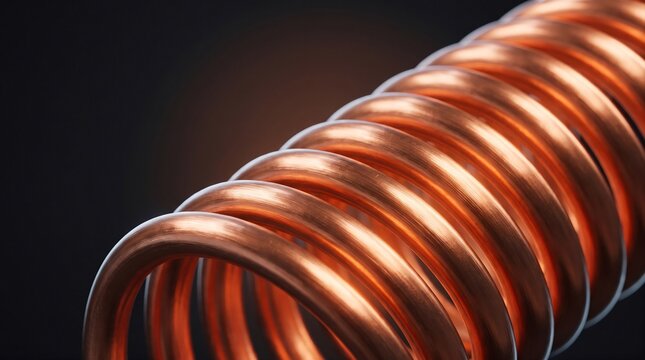 Close up of shiny copper coil spring representing engineering, electrical component and industrial metal texture.