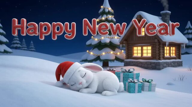 A 3D animation of a sleeping rabbit wearing a santa hat in a snowy winter village with gift boxes for holiday greeting cards and winter season multimedia projects.