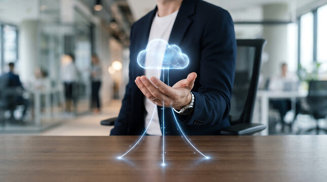 Business professional holding a glowing digital cloud computing icon above a wooden desk in a modern office