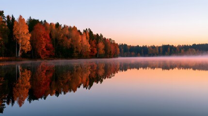 Obraz premium Vibrant autumn foliage reflecting in calm mirrorlike lake water at sunrise