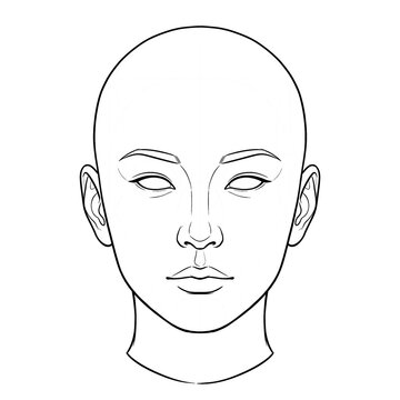 Hand drawn sketch of Asian female head base, front view, oval face shape, isolated on white background. Technical line art.