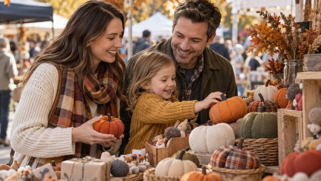 Halloween family farm market with children choosing pumpkins at a harvest season farm stand location