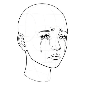 Hand drawn sketch of Asian female head crying with tears, 3/4 view. Technical line art.