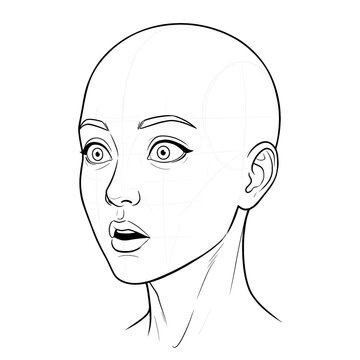 Hand drawn sketch of Asian female head shocked surprised, 3/4 view. Technical line art.