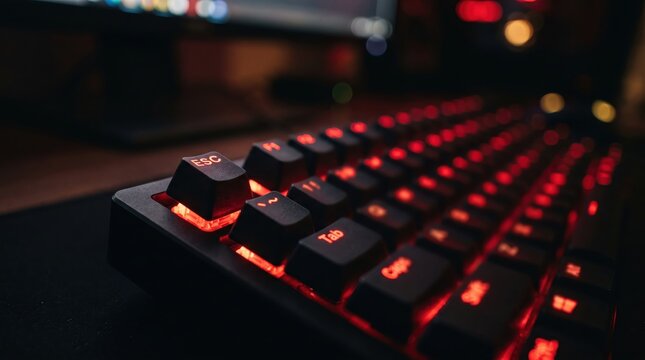 Keyboard with red LED backlighting lies on a desk in a dark room, showcasing gaming gear and computer hardware.