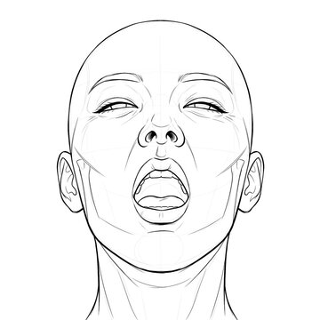 Hand drawn sketch of Asian female head sleepy yawning, low angle view. Technical line art.