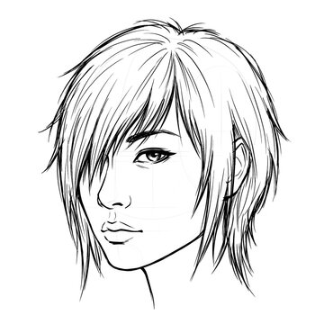 Hand drawn sketch of Asian female head with emo fringe haircut, 3/4 view, isolated on white background. Technical line art illustration.