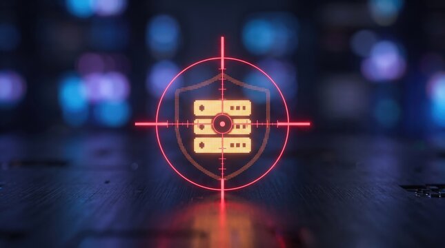 Server shield icon targeted by a red neon crosshair sits on a dark reflective surface with a colorful bokeh background.