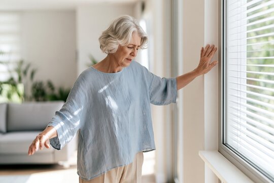 Senior woman feeling dizzy and unsteady at home while reaching for support, concept of dizziness, headache, balance problems, weakness and elderly health