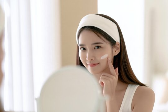 Young woman applying facial cream while looking in mirror, daily skincare routine, beauty treatment, moisturizing, self care and healthy skin concept