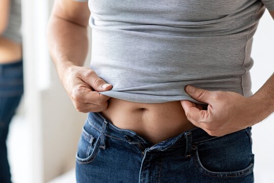 Overweight man examining abdominal fat above tight jeans after weight gain, concept of body changes, excess weight, weight management and healthy lifestyle