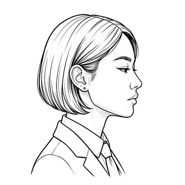 Hand drawn sketch of Asian female head with strict dark academia collar, profile view, isolated on white background. Technical line art illustration.