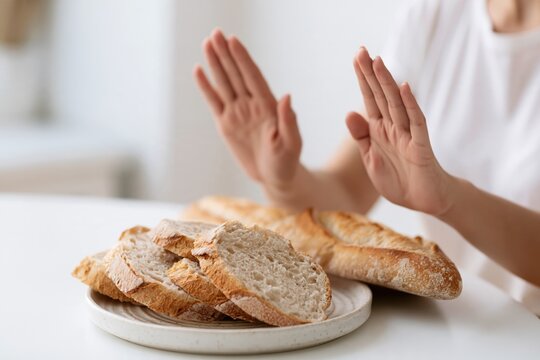 Person refusing bread and high carbohydrate food, concept of low carb diet, healthy eating, weight management, nutrition choices and reducing carbohydrate intake