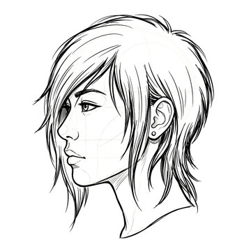 Hand drawn sketch of Asian female head with emo fringe haircut, profile view, isolated on white background. Technical line art illustration.