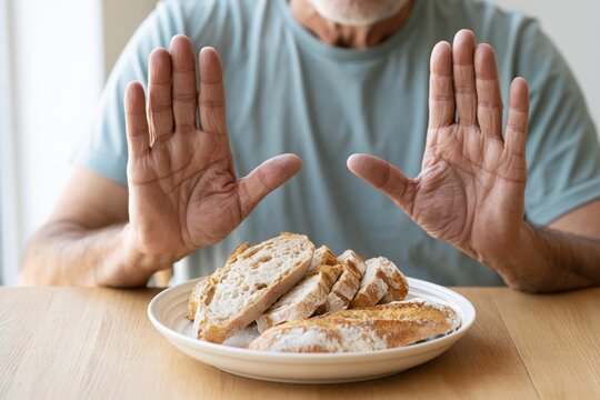 Senior man refusing bread and high carbohydrate food, concept of low carb diet, healthy nutrition, weight management and conscious dietary choices