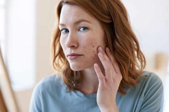 Young woman examining facial skin in mirror at home, concept of skincare routine, acne, blemishes, skin health, personal care and dermatology