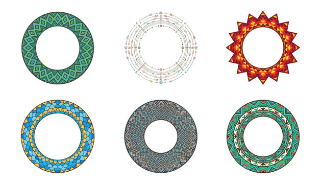 Tribal circular frames vector set featuring bohemian geometric patterns ethnic round borders Aztec mandalas and arrow elements isolated on white