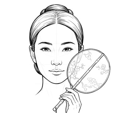 Hand drawn sketch of Asian female head with silk fan, front view, isolated on white background. Technical line art.