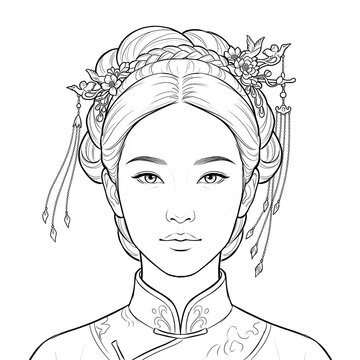 Hand drawn sketch of Asian female head with buyao hairpins, front view, isolated on white background. Technical line art.