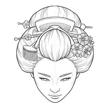 Hand drawn sketch of Asian female head with kanzashi, high angle view, isolated on white background. Technical line art.