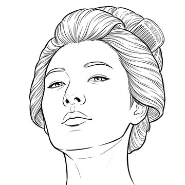 Hand drawn sketch of Asian female head with wooden comb, low angle view, isolated on white background. Technical line art.
