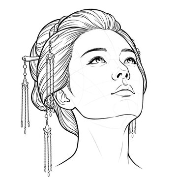 Hand drawn sketch of Asian female head with buyao hairpins, low angle view, isolated on white background. Technical line art.