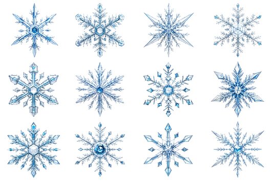 Twelve Detailed Blue Ice Snowflake Crystals on Transparent Background PNG